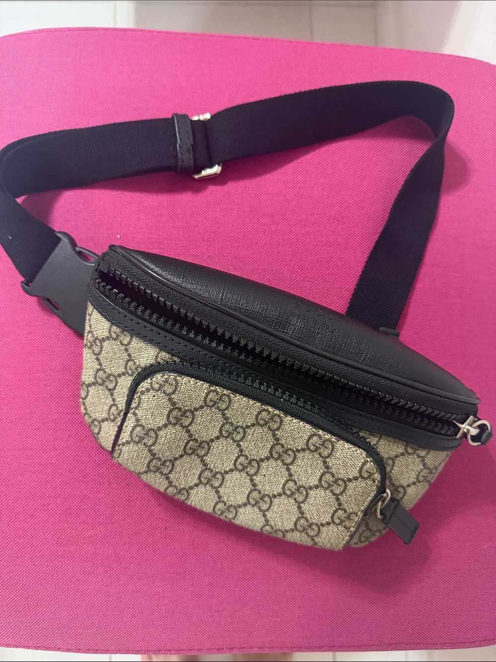 Gucci Tan GG Canvas and Black Leather Belt Bag